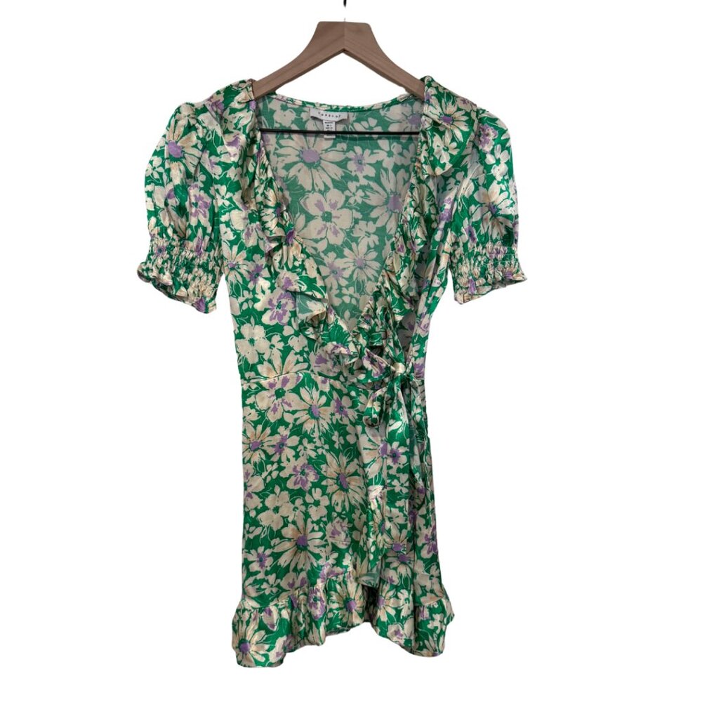 Topshop Green and Pink Floral Wrap Dress Size 2 Petite Kentucky derby dress